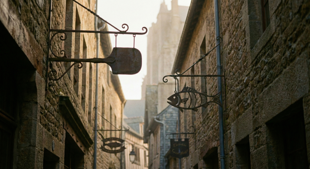 Medieval wrought-iron shop signs depicting a shovel and a fish in a narrow stone street of a historic French village. Inside Mont Saint Michel France