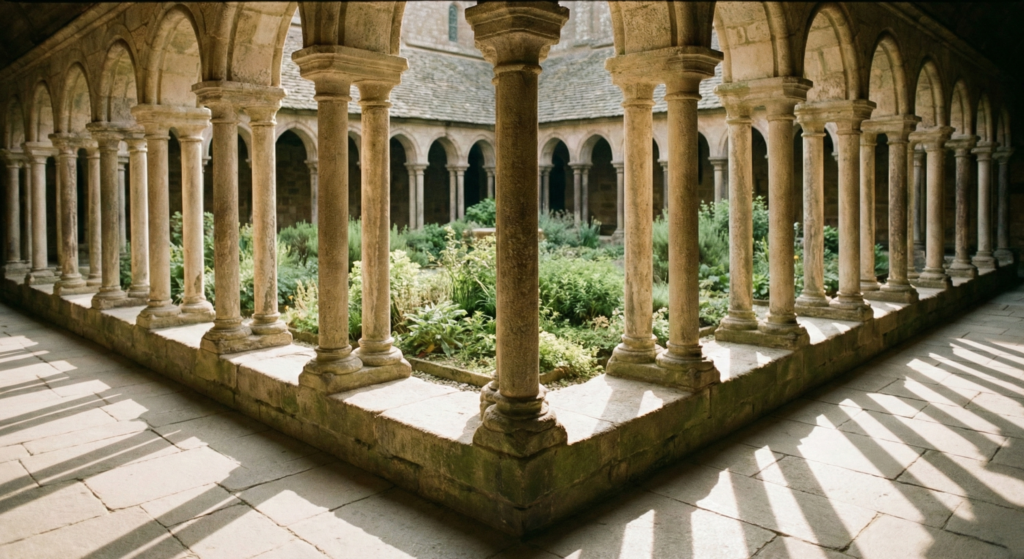 Interior view of a medieval abbey cloister featuring stone columns and a lush central garden. Inside Mont Saint Michel France