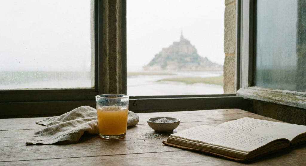 A glass of cider, a bowl of sea salt, and an open journal on a table with Mont Saint-Michel in the background. Inside Mont Saint Michel France