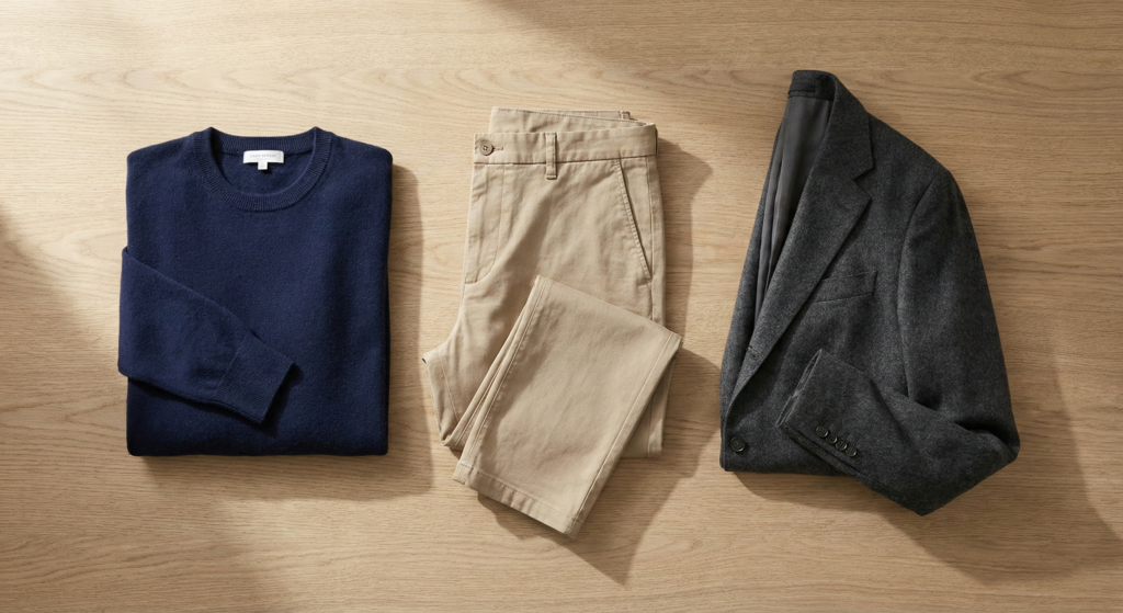 Flat lay of 2026 wardrobe essentials including a navy cashmere sweater, beige chino trousers, and a charcoal wool blazer. What Do French People Wear