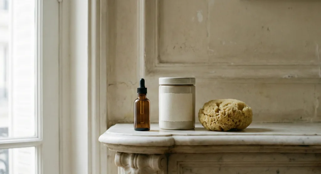 Sustainable beauty products including an amber glass dropper bottle, a neutral cream jar, and a natural sea sponge on a marble mantelpiece.  What to buy at a french pharmacy