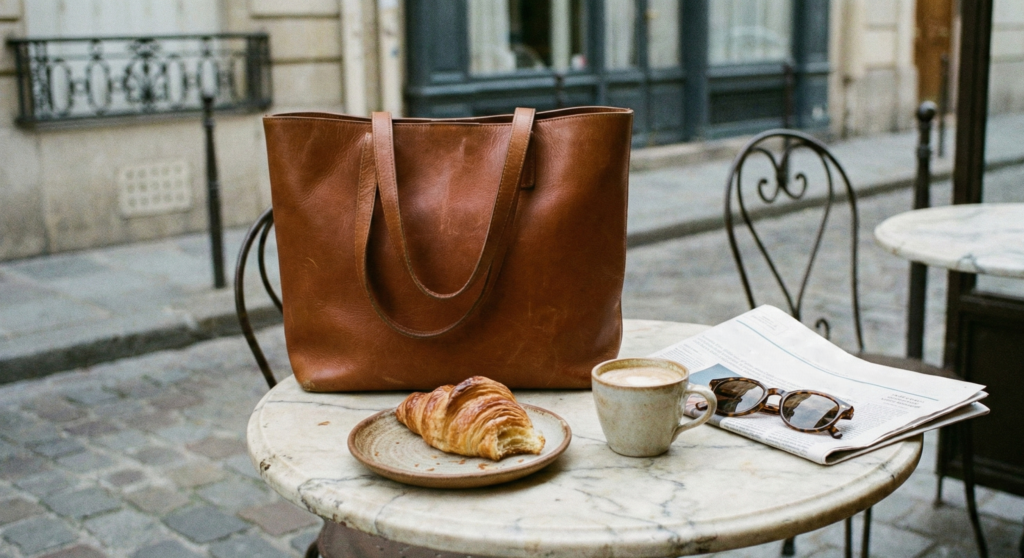 Brown leather tote bag on a marble café table with a croissant, coffee, and sunglasses in a Parisian terrace. French Handbag Brands