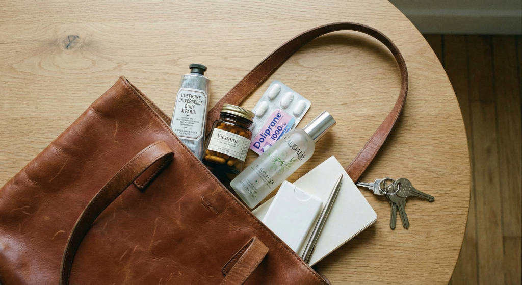 Contents of a brown leather tote bag including Caudalie Beauty Elixir, Buly hand cream, vitamins, and Doliprane tablets on a wooden table. What to buy at a french pharmacy