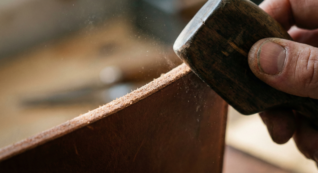 Leather artisan using a wooden mallet to burnish the edge of a handcrafted bag in a luxury atelier.