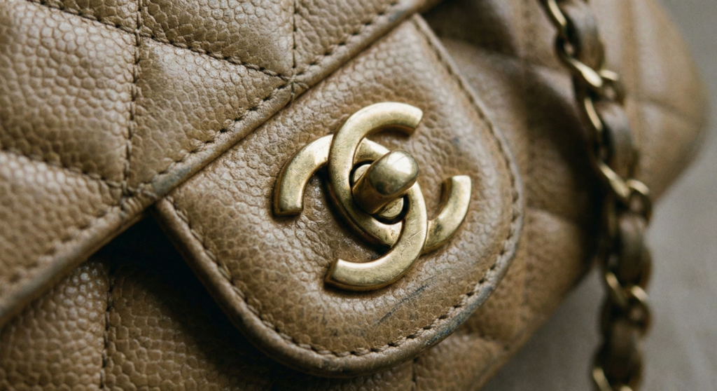 French Handbag Brands
Extreme close-up of the iconic gold CC clasp on a beige quilted leather Chanel handbag.