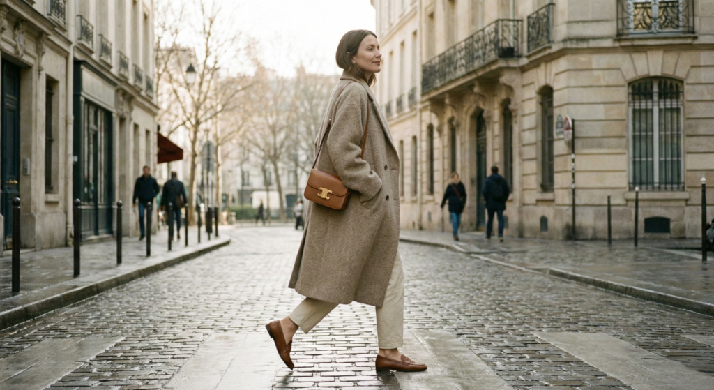 Woman in a long beige coat carrying a tan Celine Triomphe bag while walking across a cobblestone street in Paris.