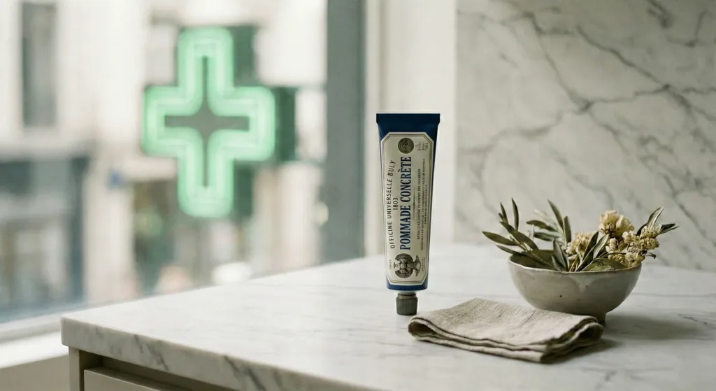 A tube of Buly Pommade Concrète hand cream on a marble counter with a glowing green neon pharmacy cross visible in the background. What to buy at a french pharmacy