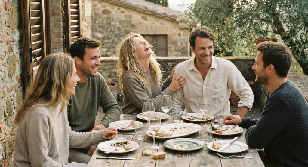 A group of five friends laughing and sharing a meal at a wooden table outdoors, representing the social spirit of the French Apéro.