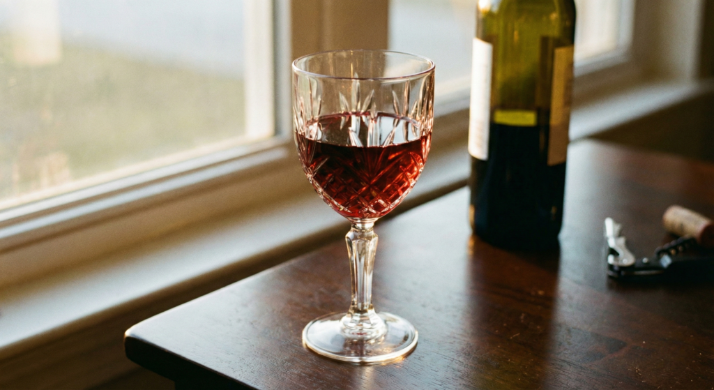 A crystal glass of deep red wine on a wooden table, representing the smooth quality of a fine wine idiom. Amusing French Phrases