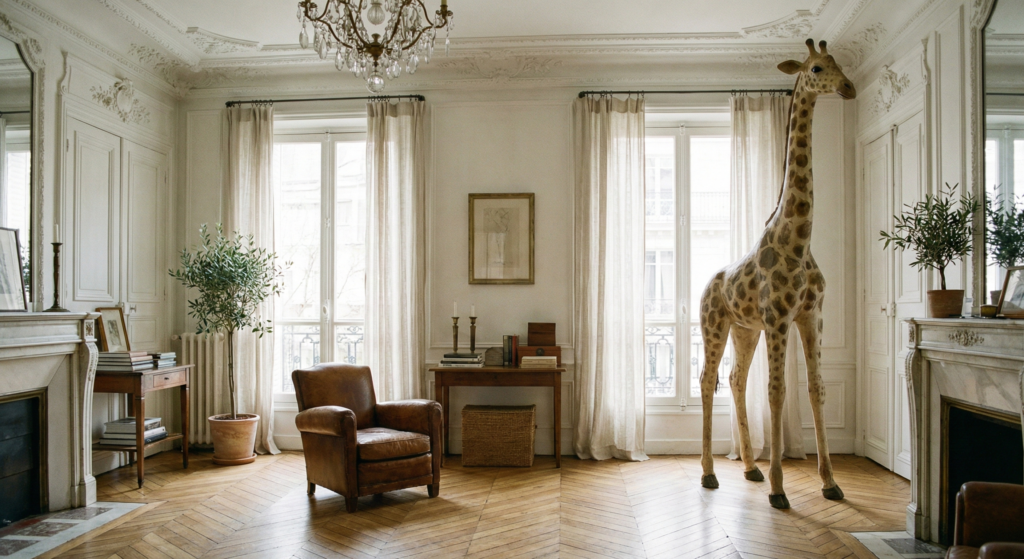A large life-sized giraffe statue standing in an ornate Parisian apartment with high ceilings. Amusing French Phrases