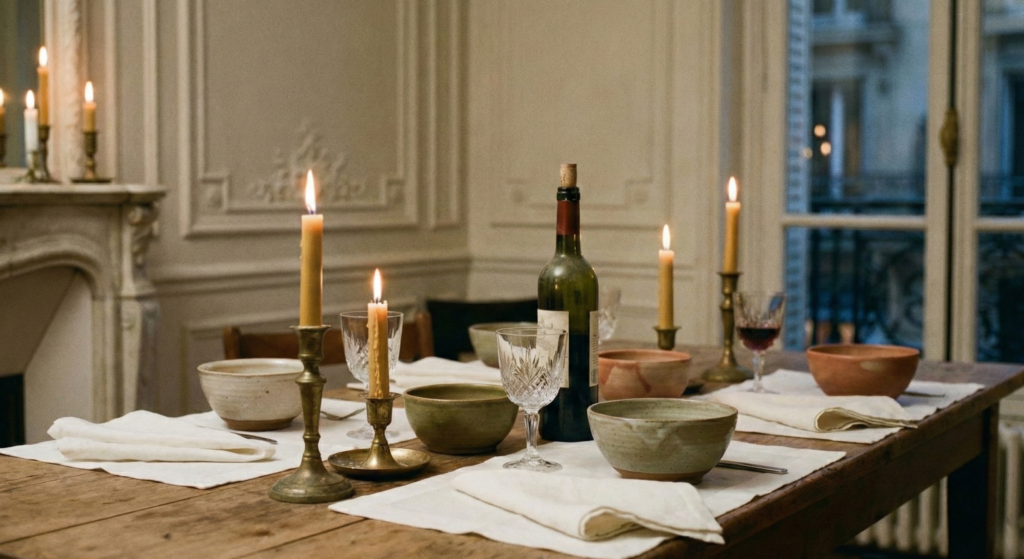 A rustic wooden dining table elegantly set with lit tapered candles, a bottle of red wine, and ceramic bowls in a classic French apartment.