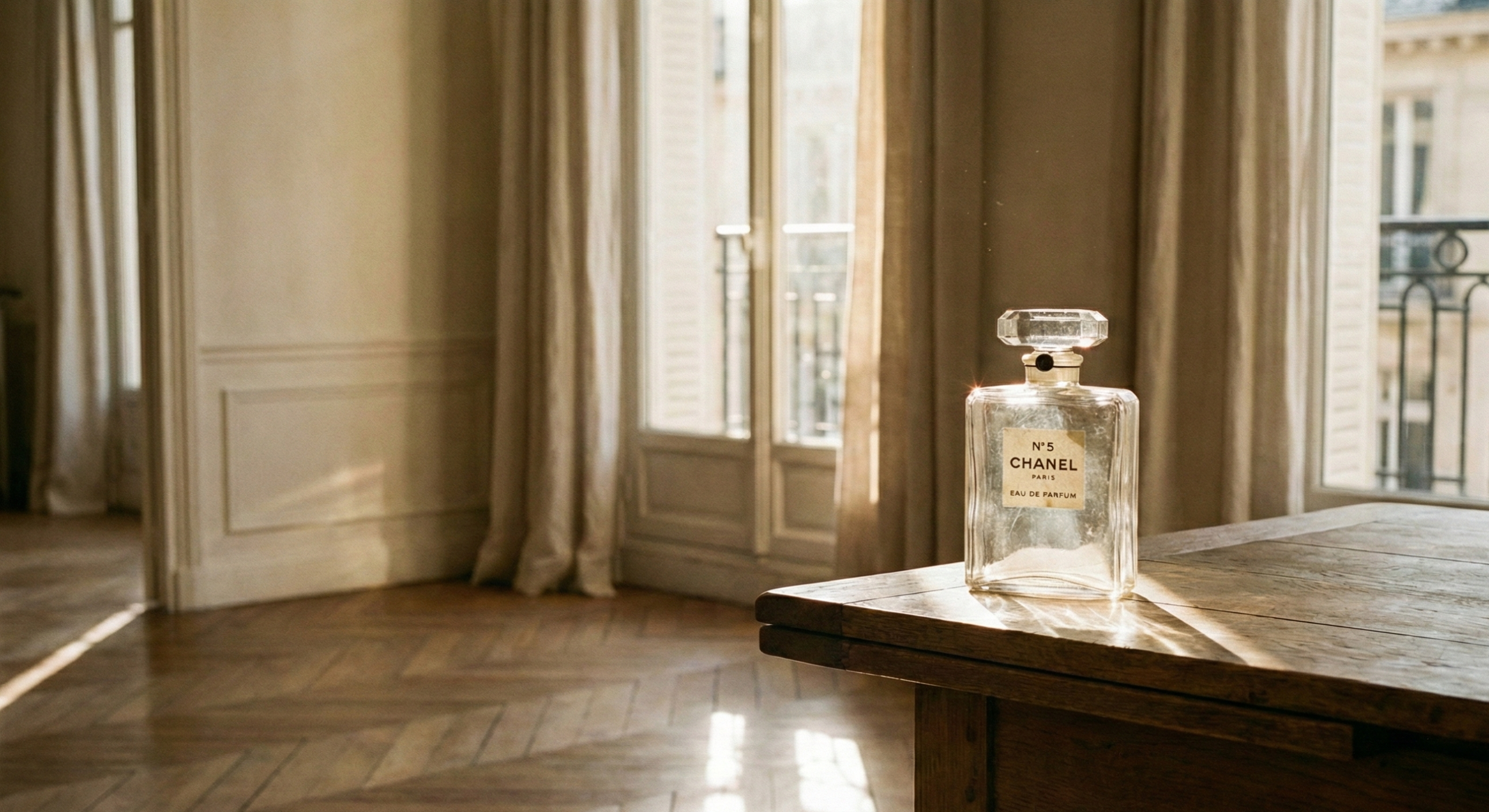 Bottle of Chanel No. 5 perfume on a rustic wooden table in a sunlit Parisian room. French perfume brands