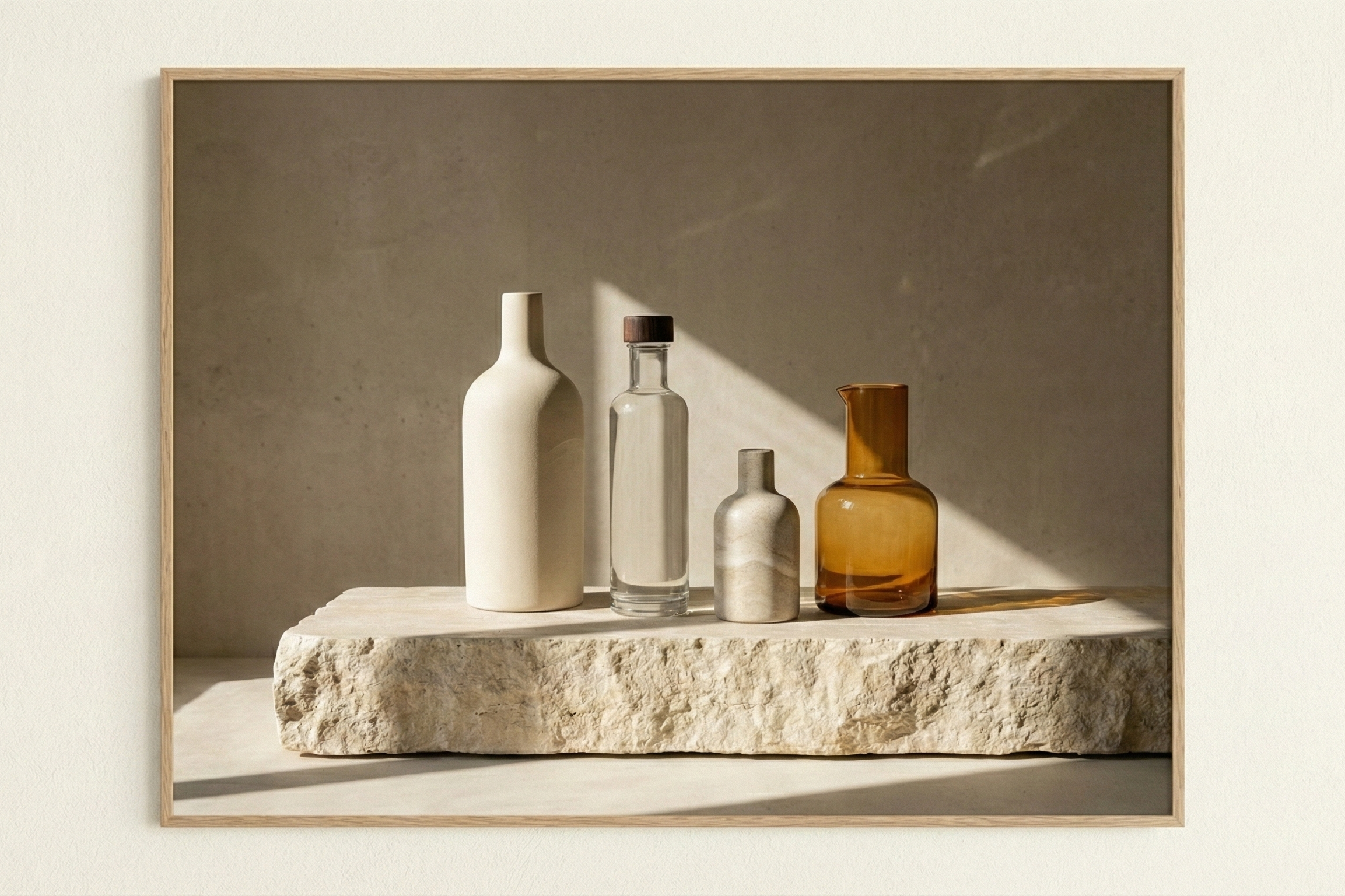 Still life of minimalist avant-garde perfume bottles and ceramic vases on a rough stone pedestal. French perfume brands