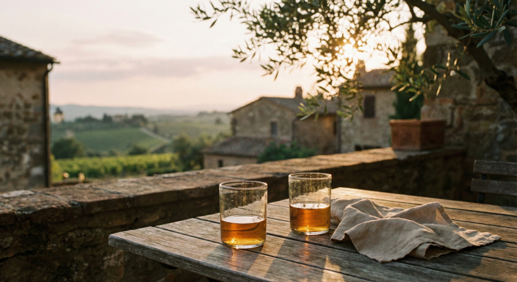 Two glasses of amber wine on an outdoor wooden table overlooking a scenic French countryside landscape during golden hour.