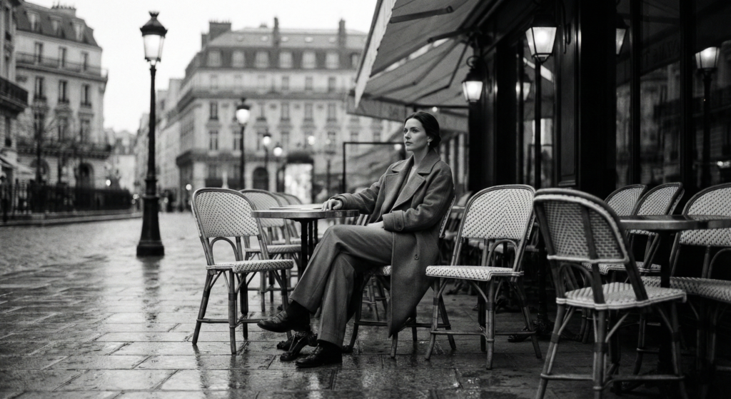 amusing french phrases
Black and white photo of a woman sitting thoughtfully at a rainy Parisian sidewalk cafe.