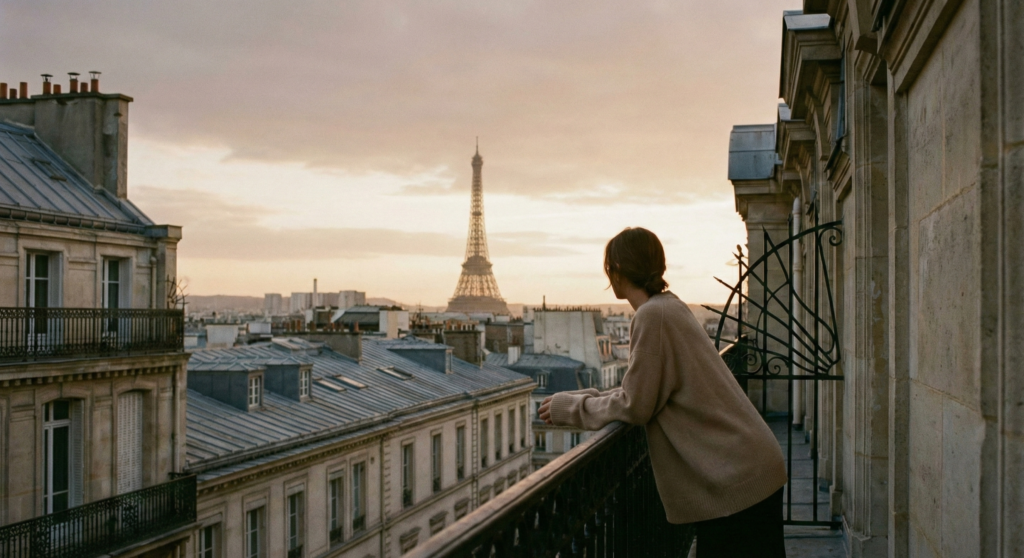 A woman leaning on a balcony railing watching the sunset over the Paris skyline with the Eiffel Tower in the distance.