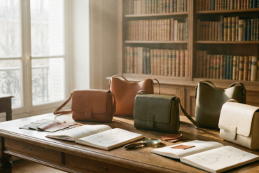 Designer's desk featuring leather swatches, sketches, and various minimalist leather handbags in a sunlit studio.