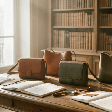 Designer's desk featuring leather swatches, sketches, and various minimalist leather handbags in a sunlit studio.