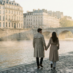 A couple in trench coats holding hands while walking along the Seine River during a misty morning in Paris.