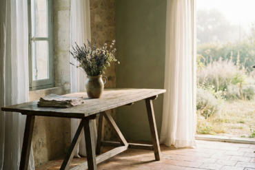 Sunlit French country interior with a wooden trestle table, a vase of lavender, and an open door leading to a lush Mediterranean garden.
