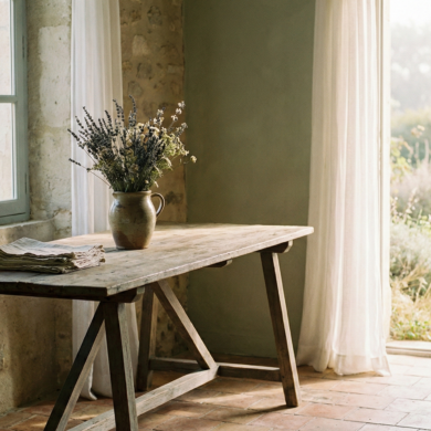 Sunlit French country interior with a wooden trestle table, a vase of lavender, and an open door leading to a lush Mediterranean garden.