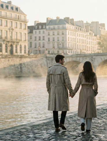 A couple in trench coats holding hands while walking along the Seine River during a misty morning in Paris.