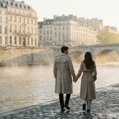 A couple in trench coats holding hands while walking along the Seine River during a misty morning in Paris.