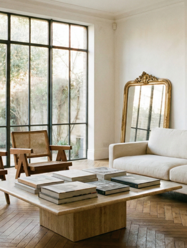 Modern French living room with a neutral sofa, Pierre Jeanneret style chairs, and large windows overlooking a garden.