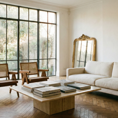 Modern French living room with a neutral sofa, Pierre Jeanneret style chairs, and large windows overlooking a garden.