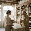 A customer and a pharmacist at a wooden counter in a traditional French apothecary with floor-to-ceiling shelves of amber jars and dried herbs.
