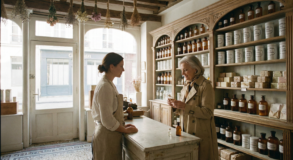 A customer and a pharmacist at a wooden counter in a traditional French apothecary with floor-to-ceiling shelves of amber jars and dried herbs.