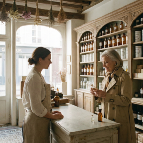 A customer and a pharmacist at a wooden counter in a traditional French apothecary with floor-to-ceiling shelves of amber jars and dried herbs.