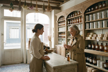 A customer and a pharmacist at a wooden counter in a traditional French apothecary with floor-to-ceiling shelves of amber jars and dried herbs.