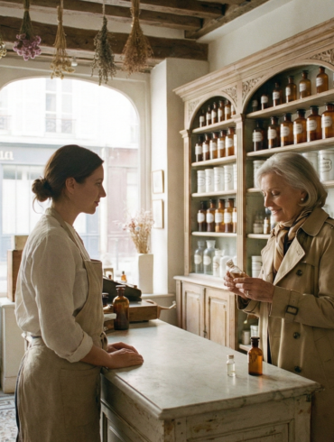 A customer and a pharmacist at a wooden counter in a traditional French apothecary with floor-to-ceiling shelves of amber jars and dried herbs.