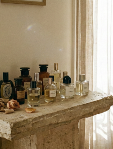 Curated collection of niche French perfume bottles displayed on an antique stone pedestal in an atelier.