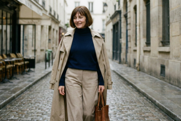 A woman in a classic beige trench coat and navy turtleneck walking through a charming street in a Parisian neighborhood.