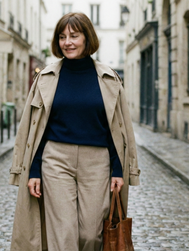 A woman in a classic beige trench coat and navy turtleneck walking through a charming street in a Parisian neighborhood.