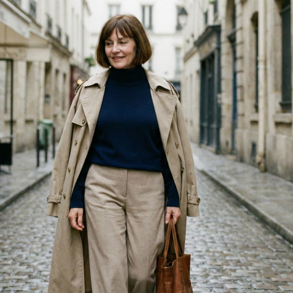A woman in a classic beige trench coat and navy turtleneck walking through a charming street in a Parisian neighborhood.
