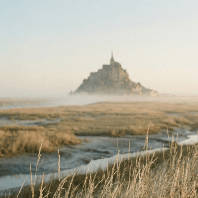 Ethereal view of Mont Saint-Michel emerging from the mist across a marshy landscape at sunrise.
