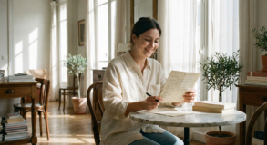 A smiling woman sitting at a marble table in a sunlit room, happily reading a handwritten letter.