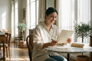 A smiling woman sitting at a marble table in a sunlit room, happily reading a handwritten letter.