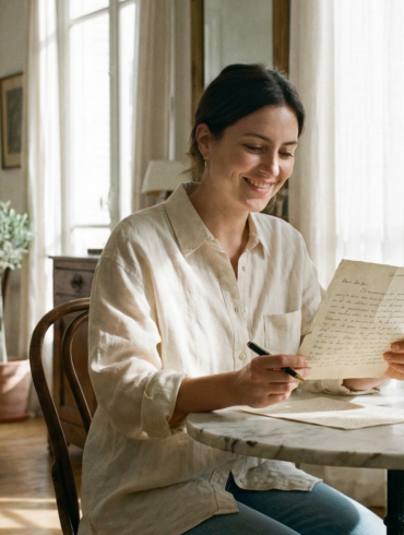 A smiling woman sitting at a marble table in a sunlit room, happily reading a handwritten letter.
