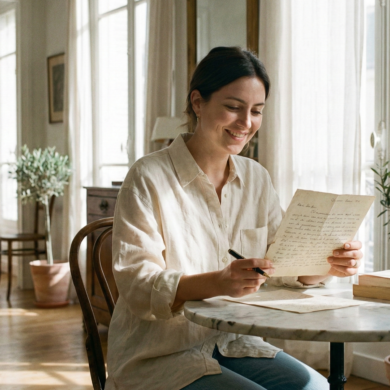 A smiling woman sitting at a marble table in a sunlit room, happily reading a handwritten letter.