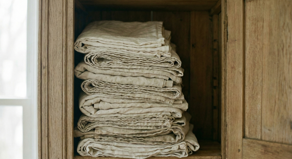 A stack of neatly folded natural linen textiles inside a vintage wooden cabinet, evoking the soft textures of French cottage interior design.