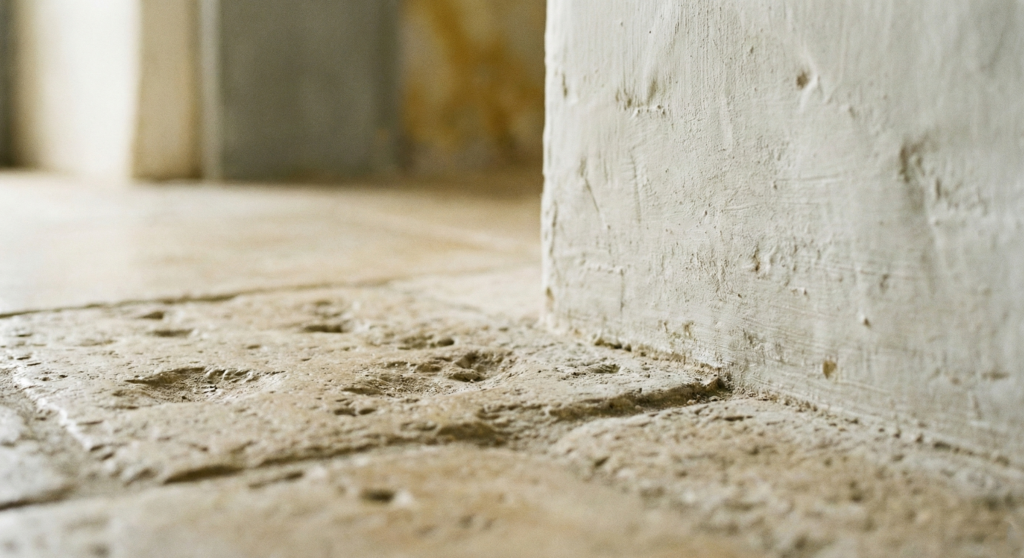 Close-up of weathered stone flooring and a textured lime-washed wall, highlighting authentic materials used in French country architecture. French country interior decorating