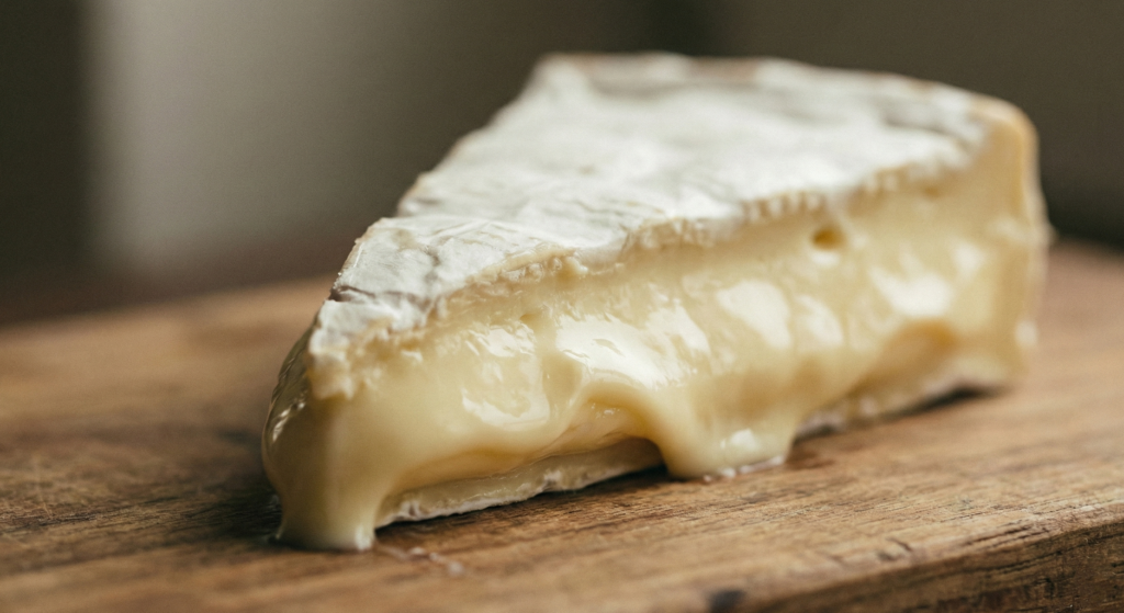 Macro close-up of a creamy, ripe wedge of Brie cheese on a wooden board, showcasing French high-quality food philosophy.
