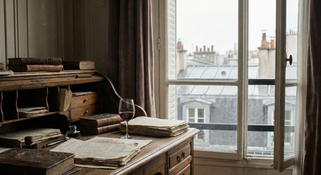 Antique wooden writing desk with handwritten letters, inkwell, and a glass of wine by a window overlooking Parisian rooftops. City of Love Paris France