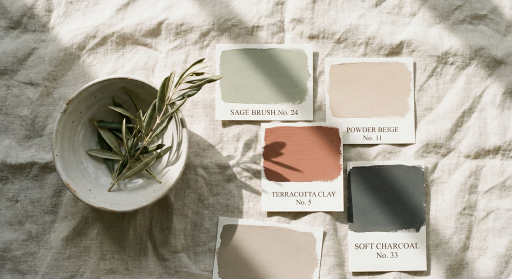 Earth-toned paint swatches labeled Sage Brush, Powder Beige, Terracotta Clay, and Soft Charcoal on linen fabric next to olive branches.
