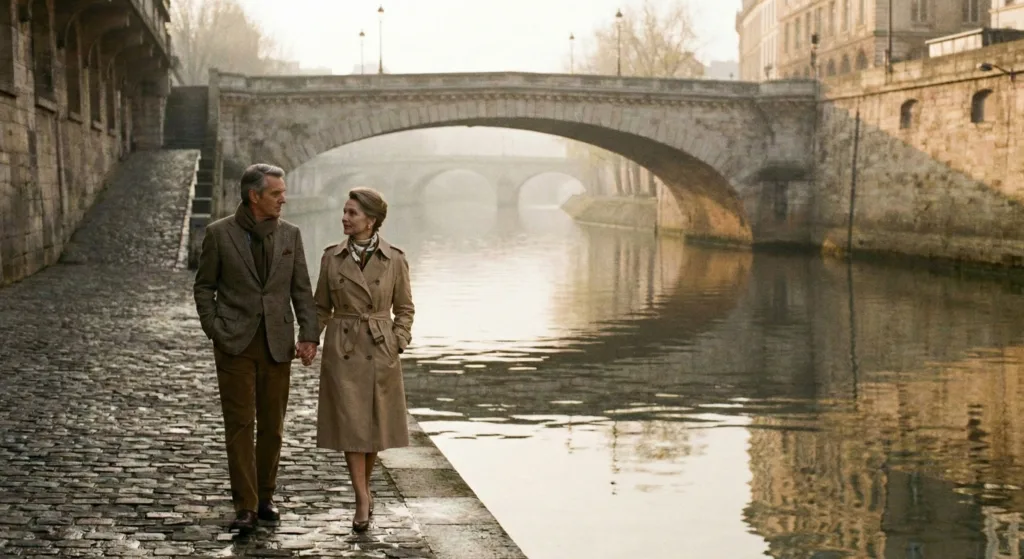 An elegant couple holding hands while walking along the cobblestone banks of the Seine River with historic Parisian bridges in the background. City of Love Paris France