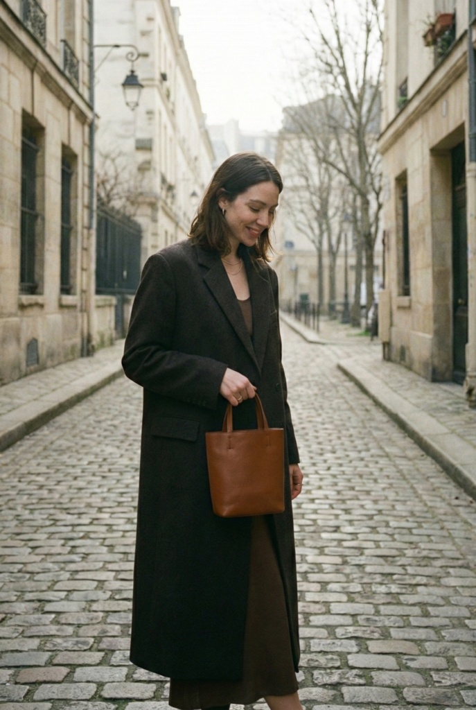 A woman in a long brown wool coat carrying a small tan leather handbag while walking down a cobblestone street in Paris. What Do French People Wear